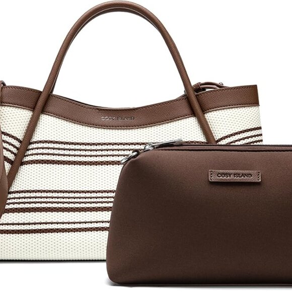 Women’s Knit Shoulder Bag Adjustable Strap & Top Handle Striped Tote Handbag NWT - Picture 1 of 8